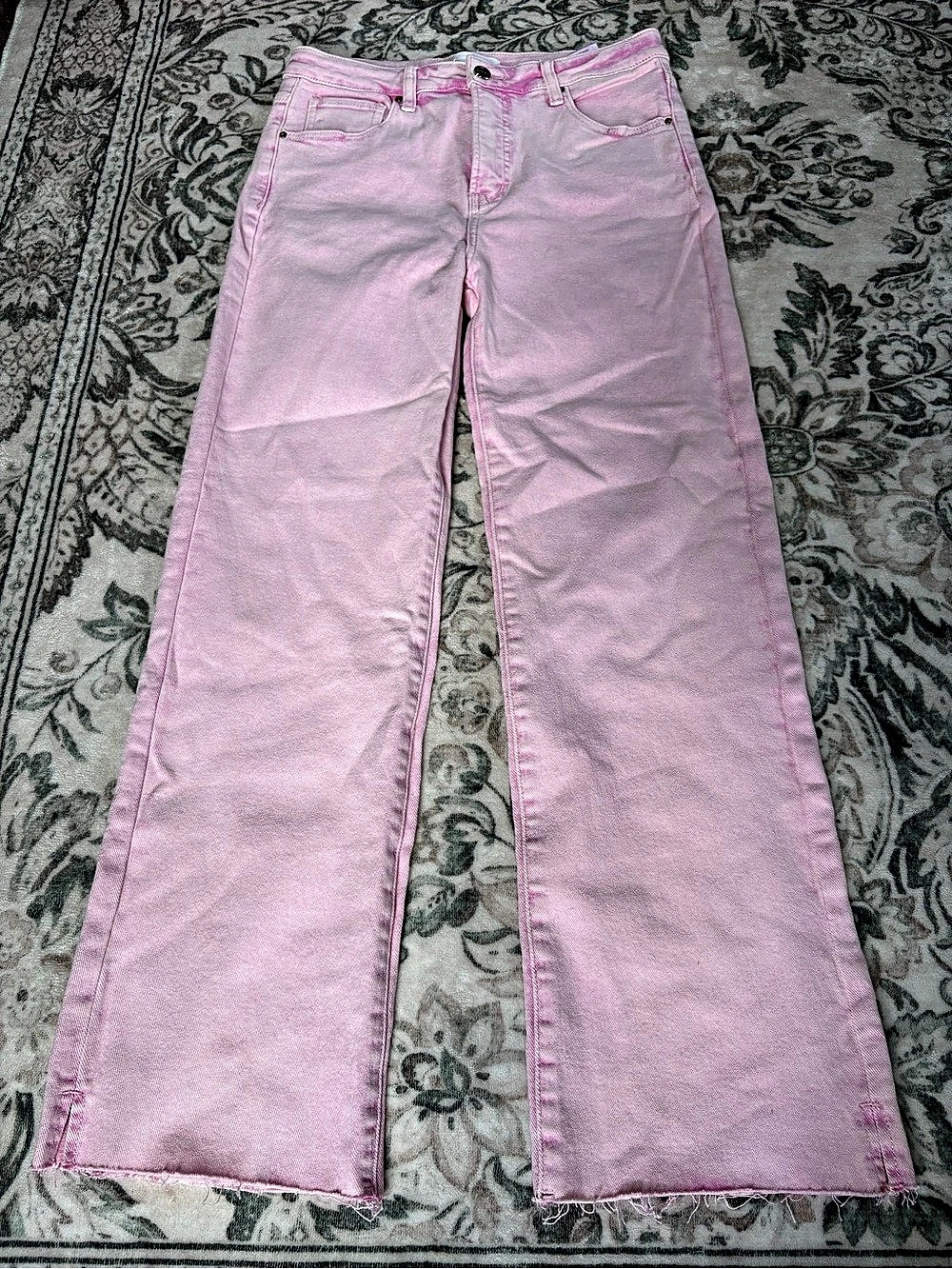 Risen High Rise Raw Hem Pink Wide Leg Jeans